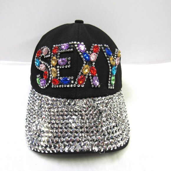 Women's SEXY Sparkle Multicolor Crystal Bling Black Baseball Hat Cap NWT - Picture 1 of 4
